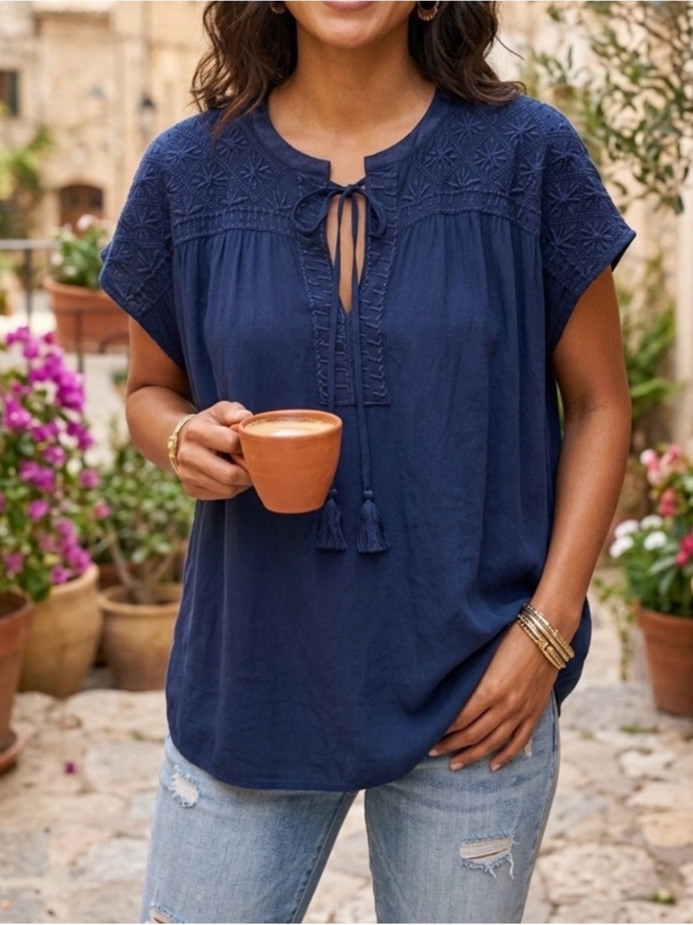Johnny Was CALME Women’s Navy Embroidered Tassel-Neck Top size M
